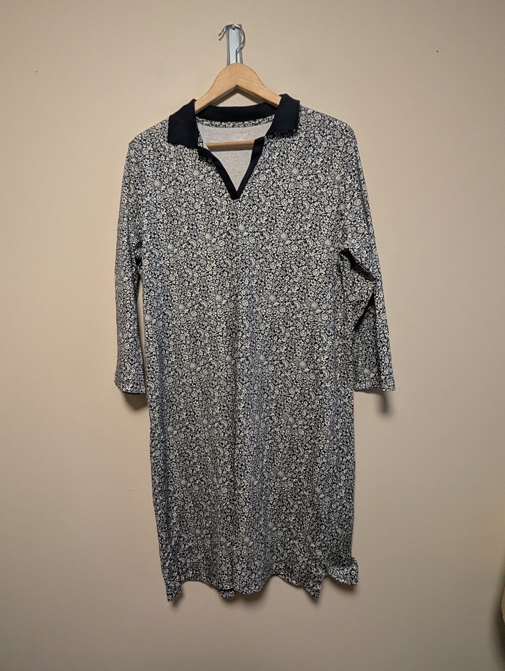 Lands' End XL Black White Floral Polo Dress 3/4 Sleeve Knit Midi
